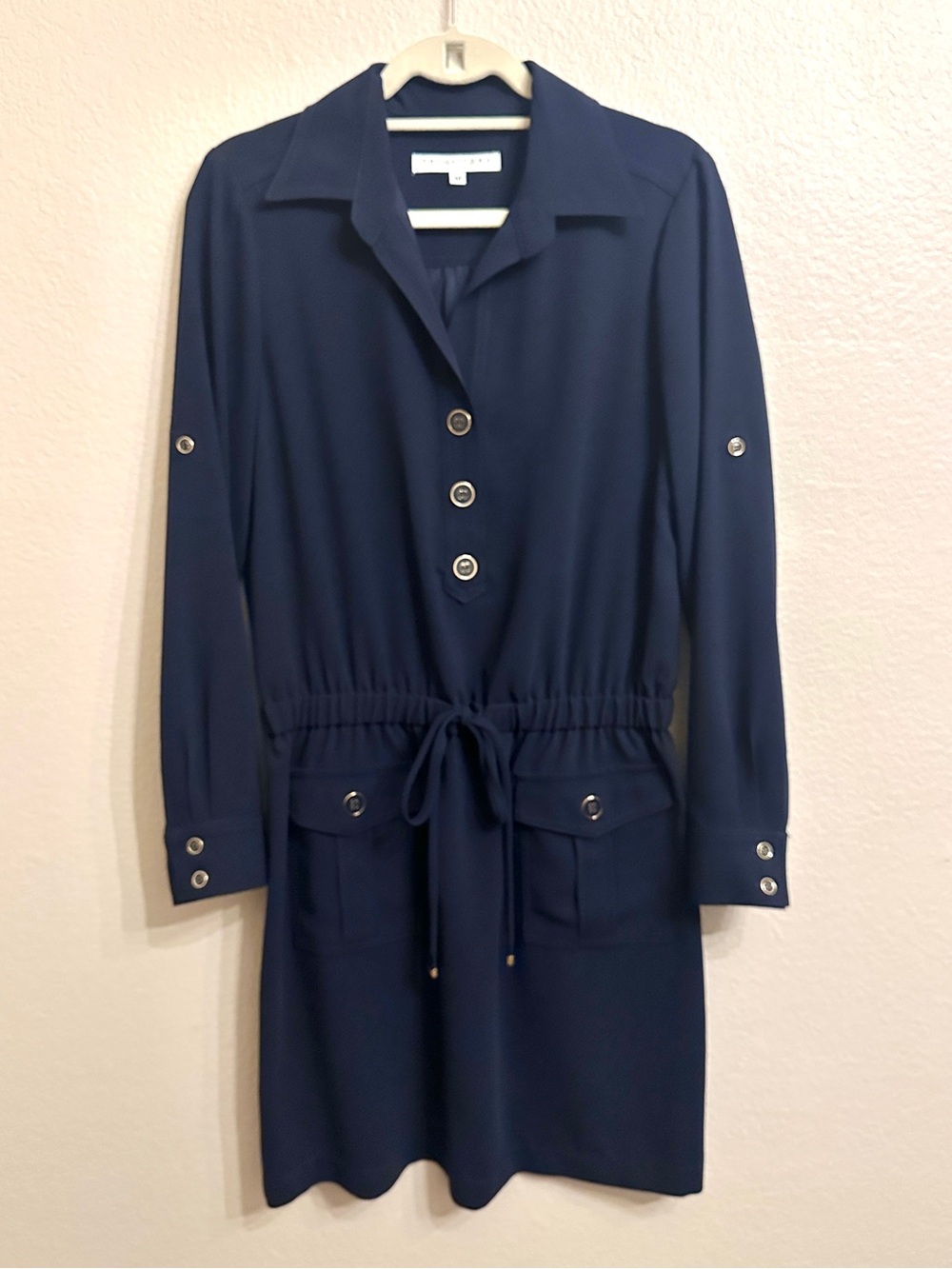 Trina Turk Navy Utility Shirt Dress Drawstring Waist M